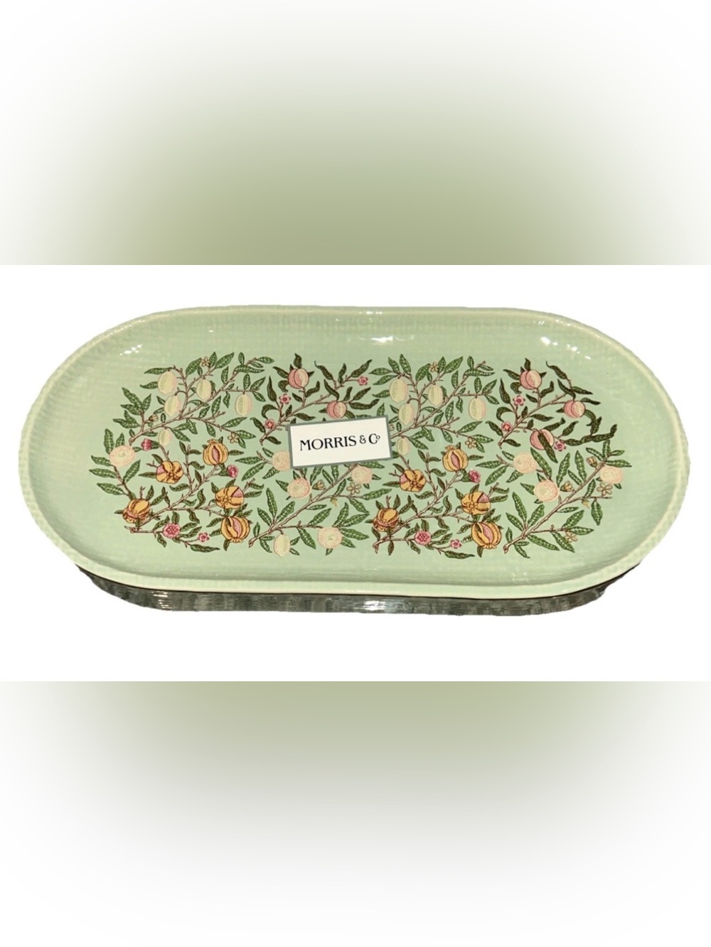 MORRIS & CO. Green Floral Fruit Burlap-Look Heavy 12.5" Oval Vanity Tray NEW